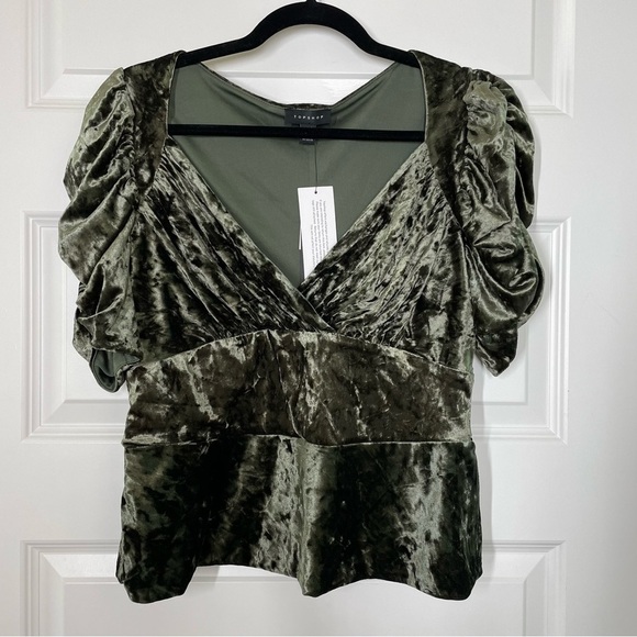 New Topshop Idol Green Velvet Ruched Sleeve Blouse in Military Green NWT - Picture 3 of 6